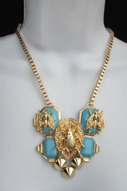 Gold Metal Chain Blue Black Bead Insect Flies Bugs Trendy Necklace Matching Earring Set