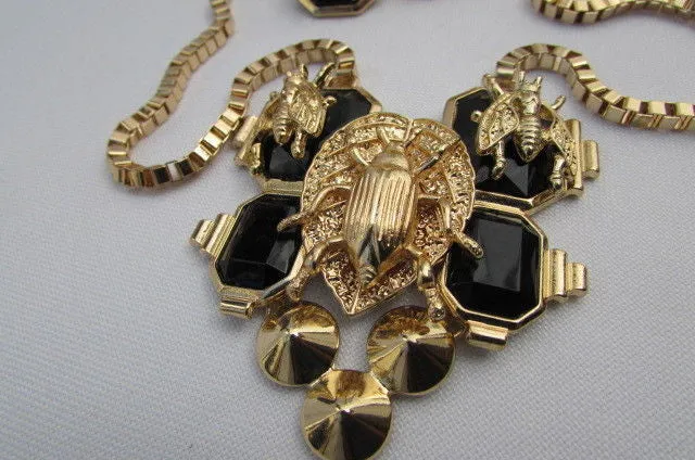 Gold Metal Chain Blue Black Bead Insect Flies Bugs Trendy Necklace Matching Earring Set