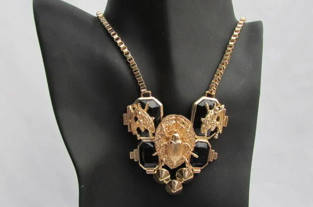 Gold Metal Chain Blue Black Bead Insect Flies Bugs Trendy Necklace Matching Earring Set