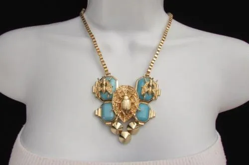 Gold Metal Chain Blue Black Bead Insect Flies Bugs Trendy Necklace Matching Earring Set