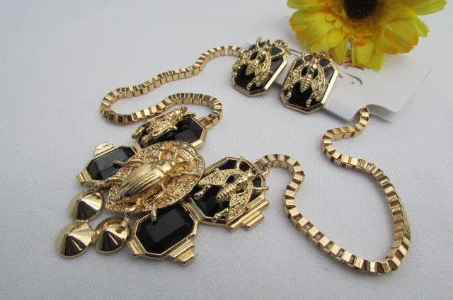 Gold Metal Chain Blue Black Bead Insect Flies Bugs Trendy Necklace Matching Earring Set