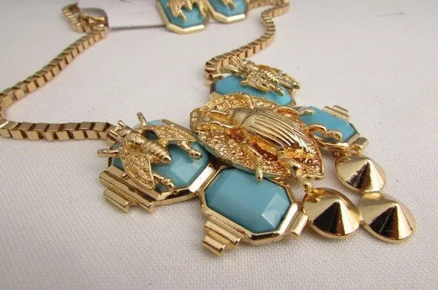 Gold Metal Chain Blue Black Bead Insect Flies Bugs Trendy Necklace Matching Earring Set