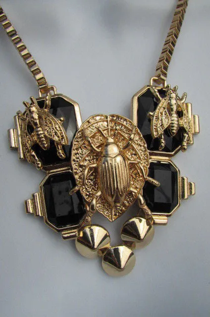 Gold Metal Chain Blue Black Bead Insect Flies Bugs Trendy Necklace Matching Earring Set