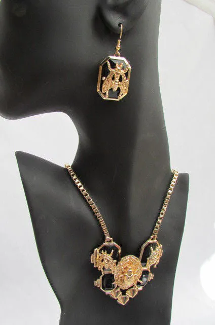Gold Metal Chain Blue Black Bead Insect Flies Bugs Trendy Necklace Matching Earring Set