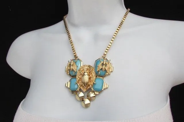 Gold Metal Chain Blue Black Bead Insect Flies Bugs Trendy Necklace Matching Earring Set