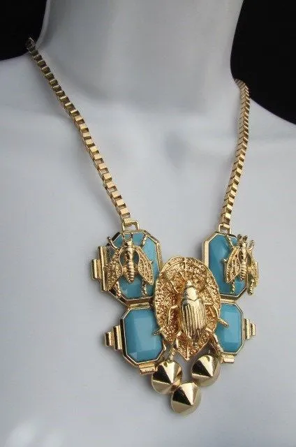 Gold Metal Chain Blue Black Bead Insect Flies Bugs Trendy Necklace Matching Earring Set