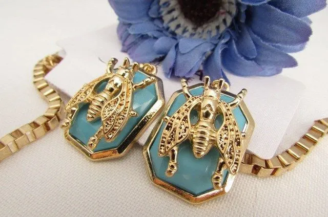 Gold Metal Chain Blue Black Bead Insect Flies Bugs Trendy Necklace Matching Earring Set