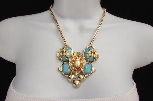 Gold Metal Chain Blue Black Bead Insect Flies Bugs Trendy Necklace Matching Earring Set