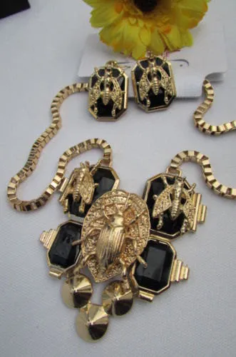 Gold Metal Chain Blue Black Bead Insect Flies Bugs Trendy Necklace Matching Earring Set