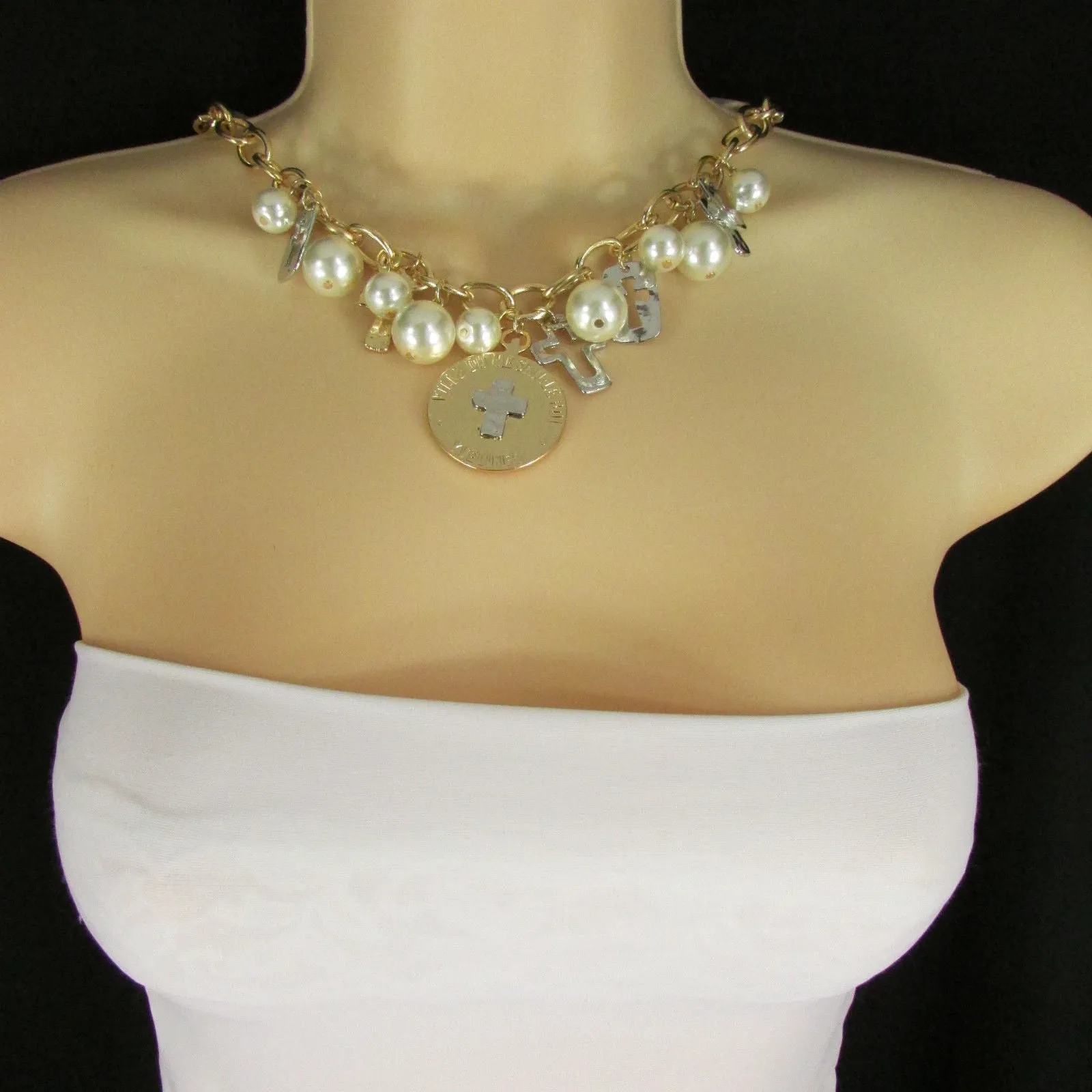 Gold Metal Chains Necklace Coin Cross Charms Imitation Pearls beads