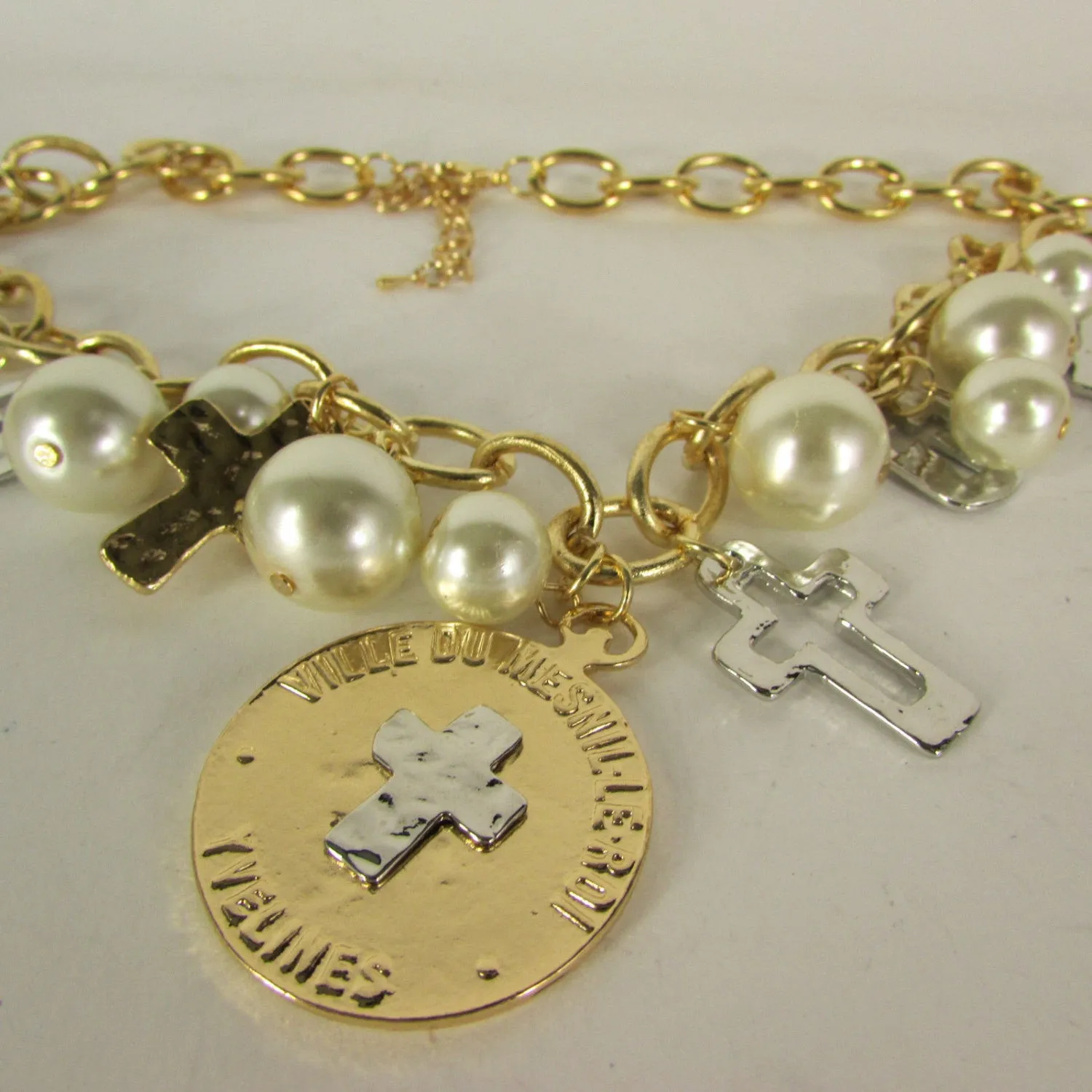Gold Metal Chains Necklace Coin Cross Charms Imitation Pearls beads