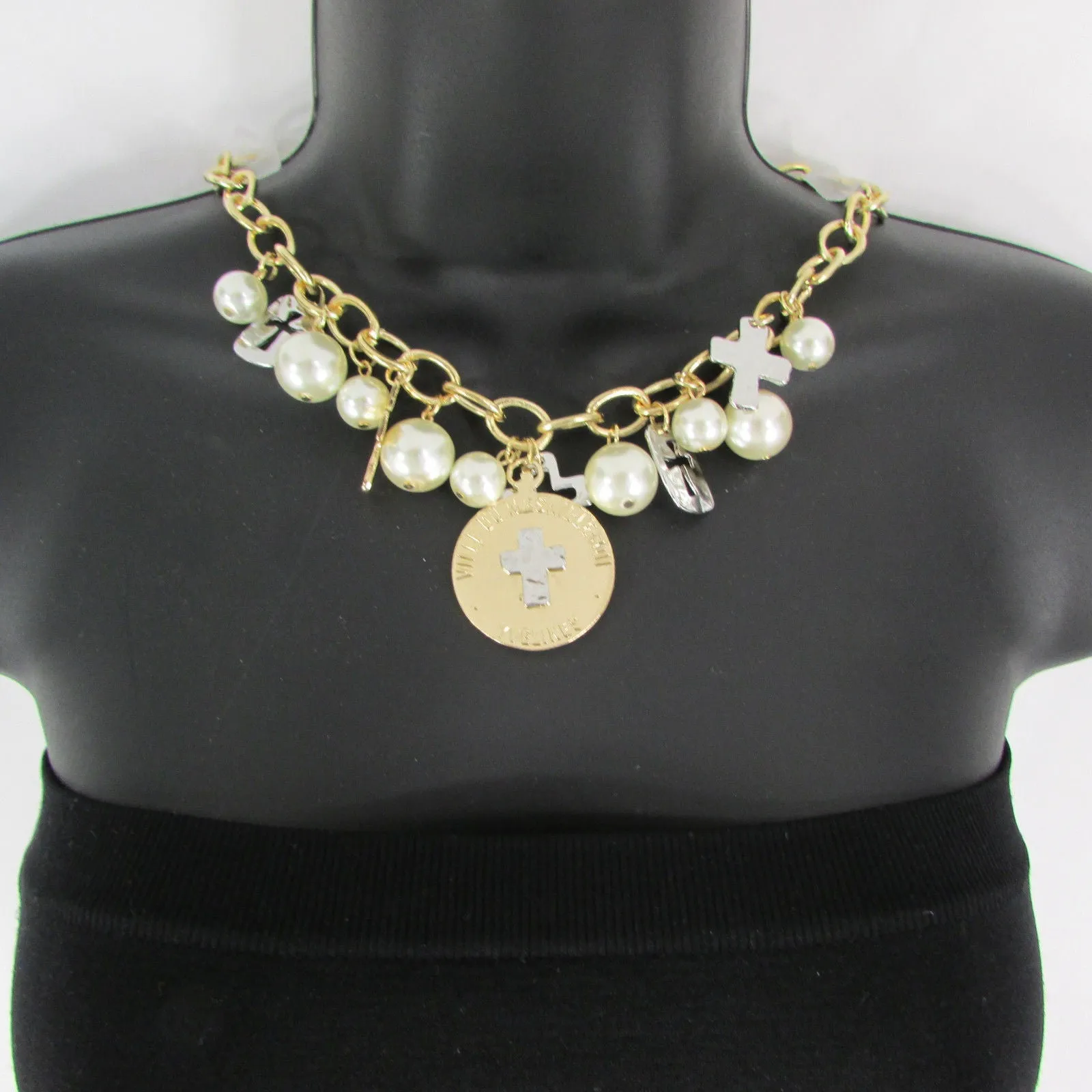 Gold Metal Chains Necklace Coin Cross Charms Imitation Pearls beads