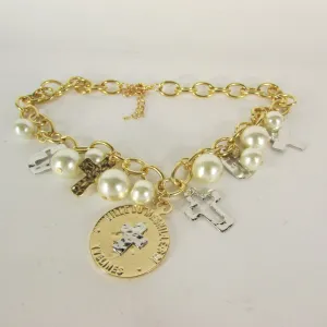 Gold Metal Chains Necklace Coin Cross Charms Imitation Pearls beads