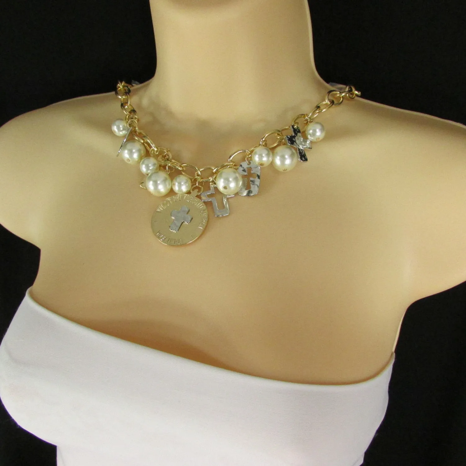 Gold Metal Chains Necklace Coin Cross Charms Imitation Pearls beads