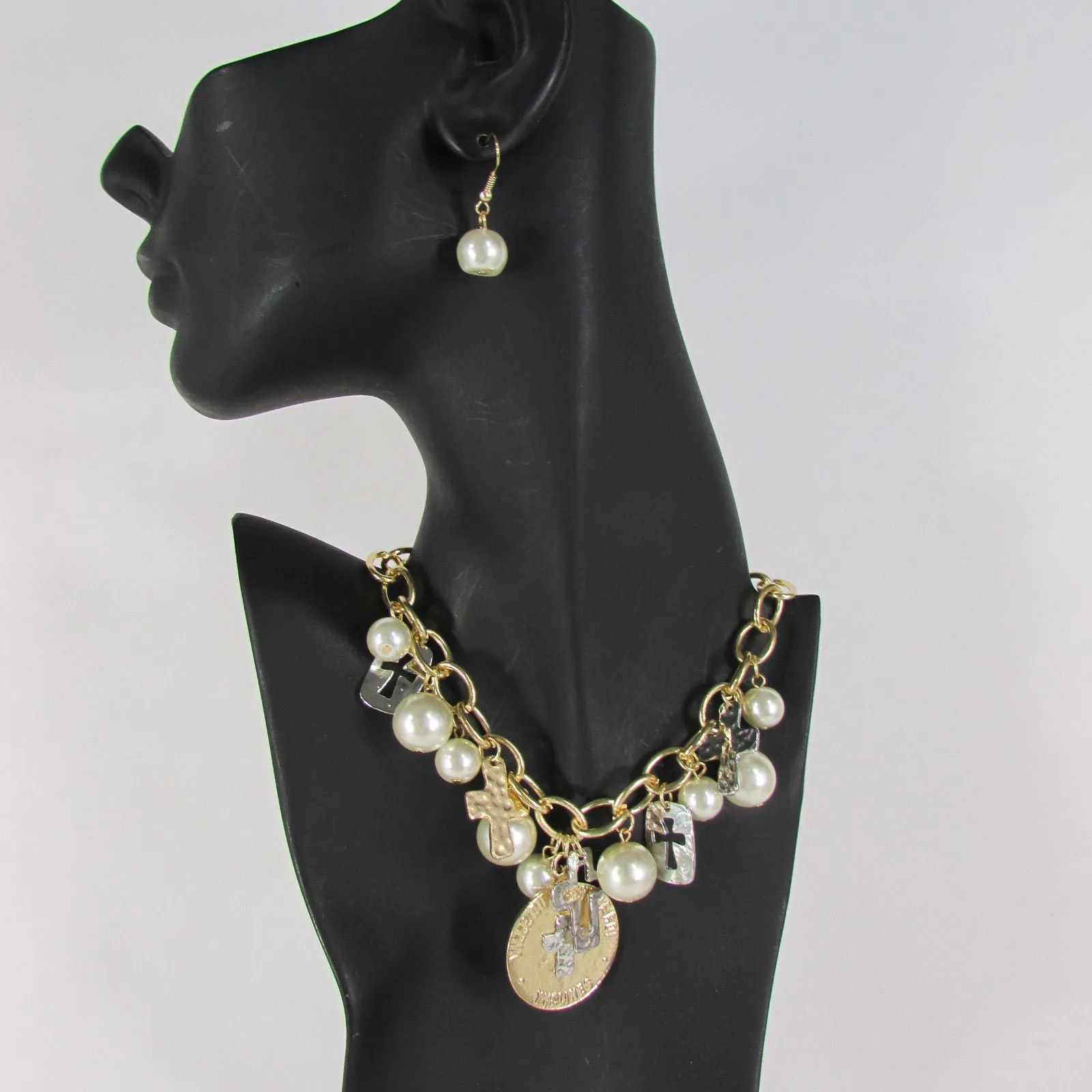 Gold Metal Chains Necklace Coin Cross Charms Imitation Pearls beads