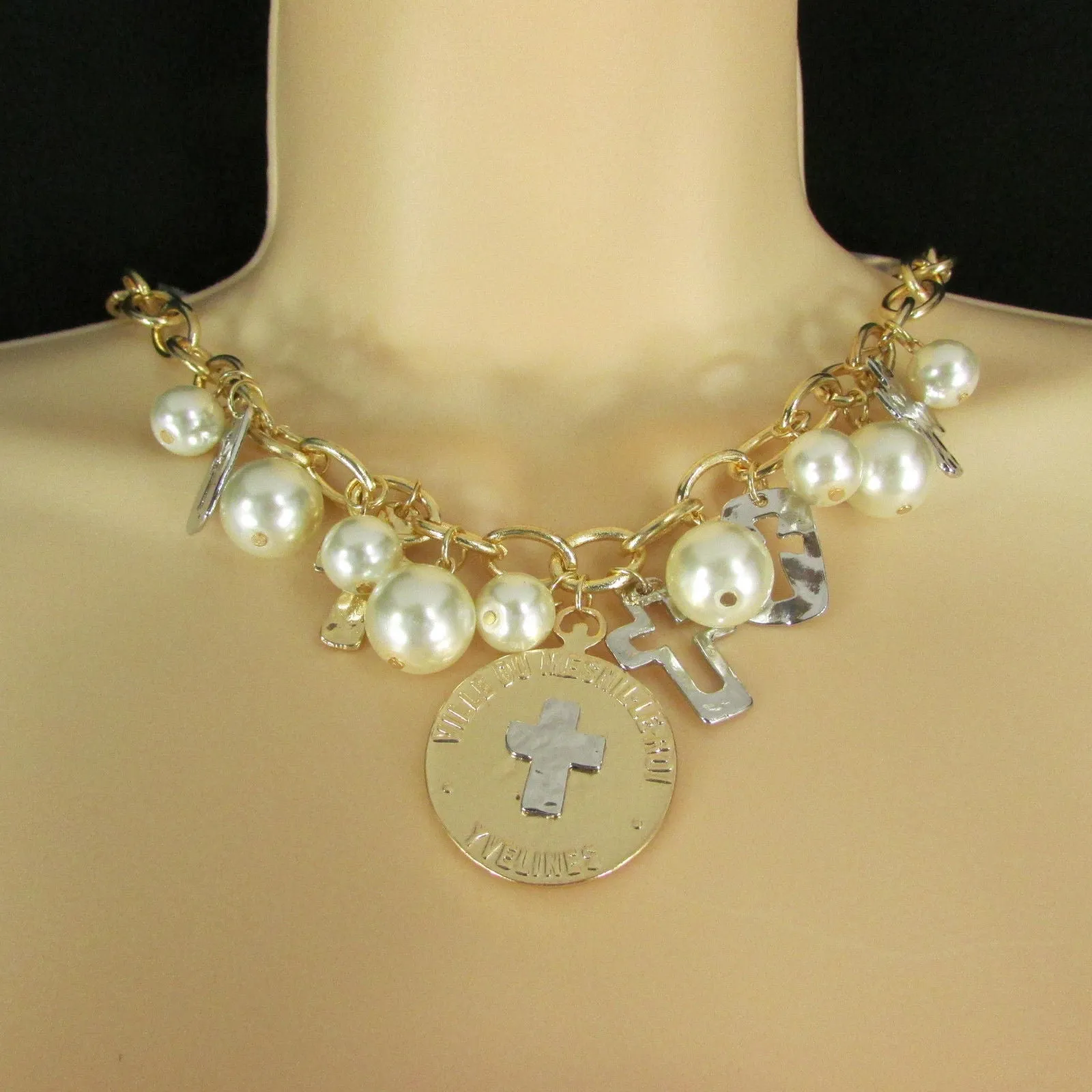 Gold Metal Chains Necklace Coin Cross Charms Imitation Pearls beads