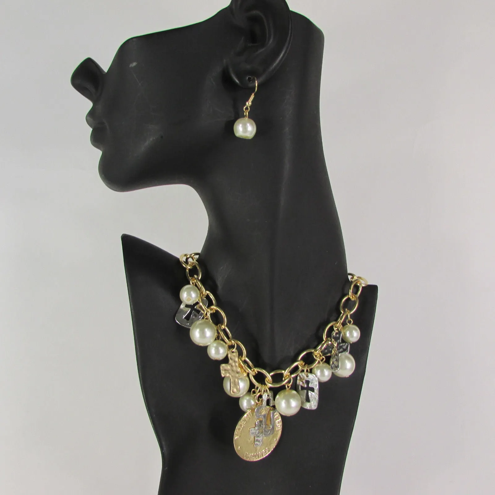 Gold Metal Chains Necklace Coin Cross Charms Imitation Pearls beads