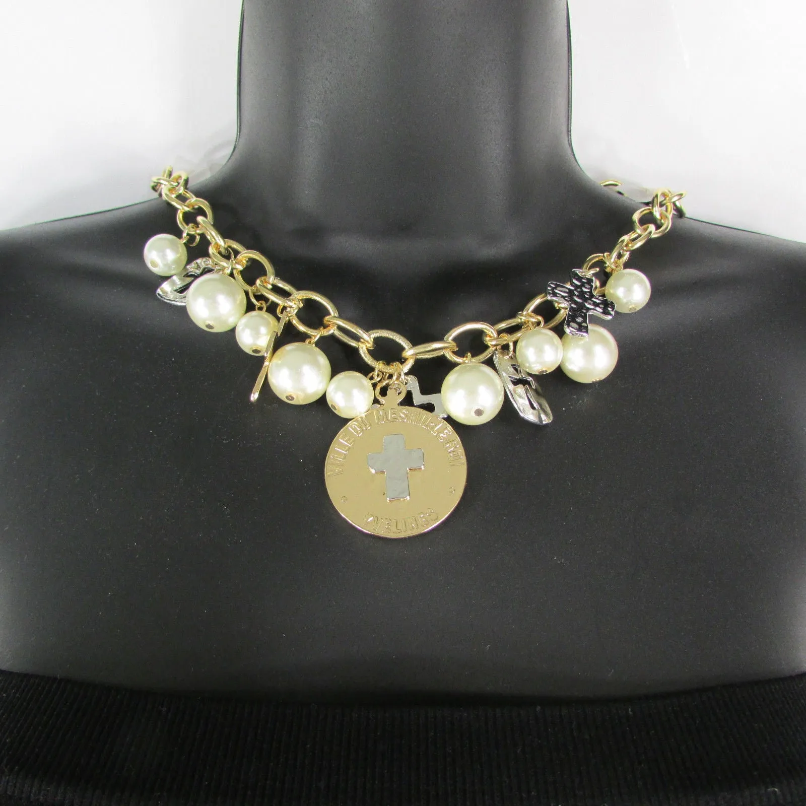 Gold Metal Chains Necklace Coin Cross Charms Imitation Pearls beads