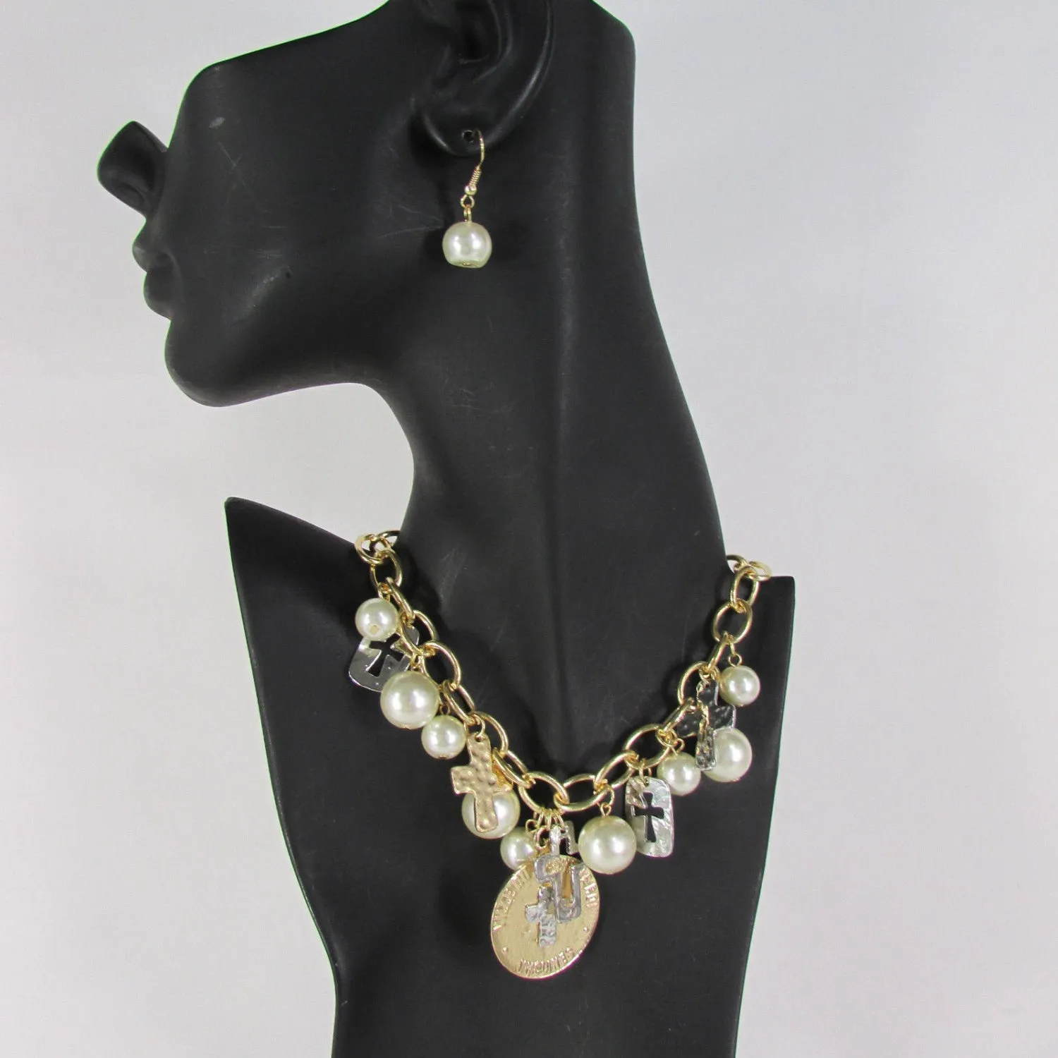 Gold Metal Chains Necklace Coin Cross Charms Imitation Pearls beads