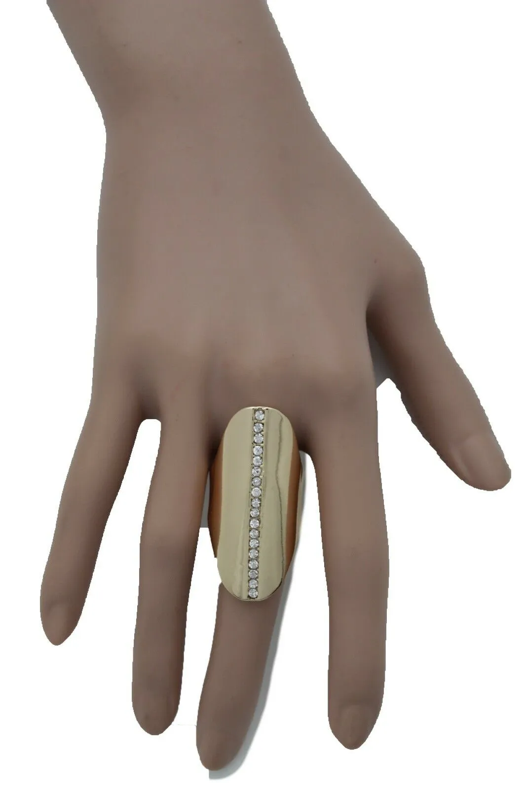 Gold Metal Long Ring Fashion Elastic Band One Size Silver Bling Look Fancy