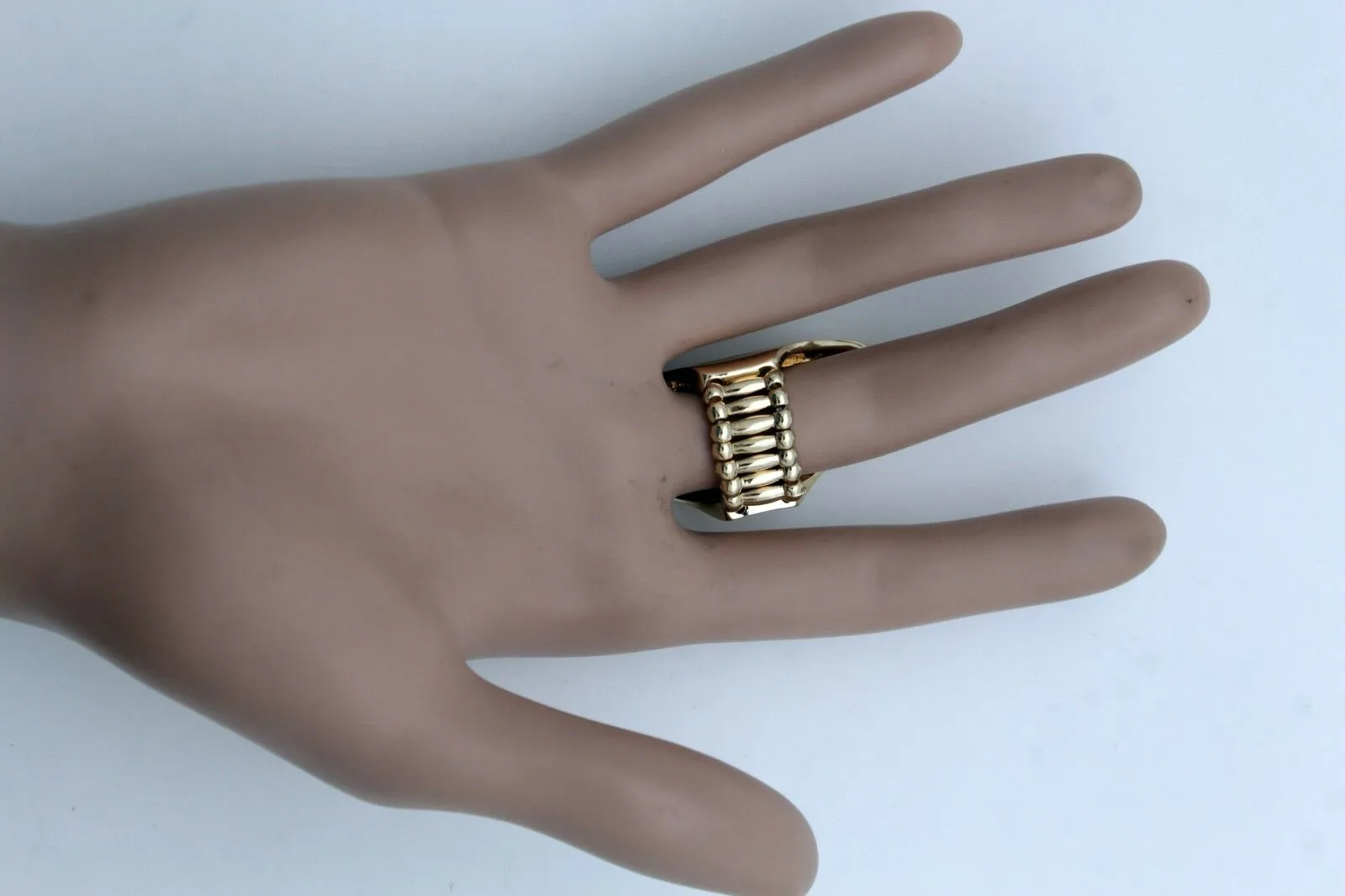 Gold Metal Long Ring Fashion Elastic Band One Size Silver Bling Look Fancy