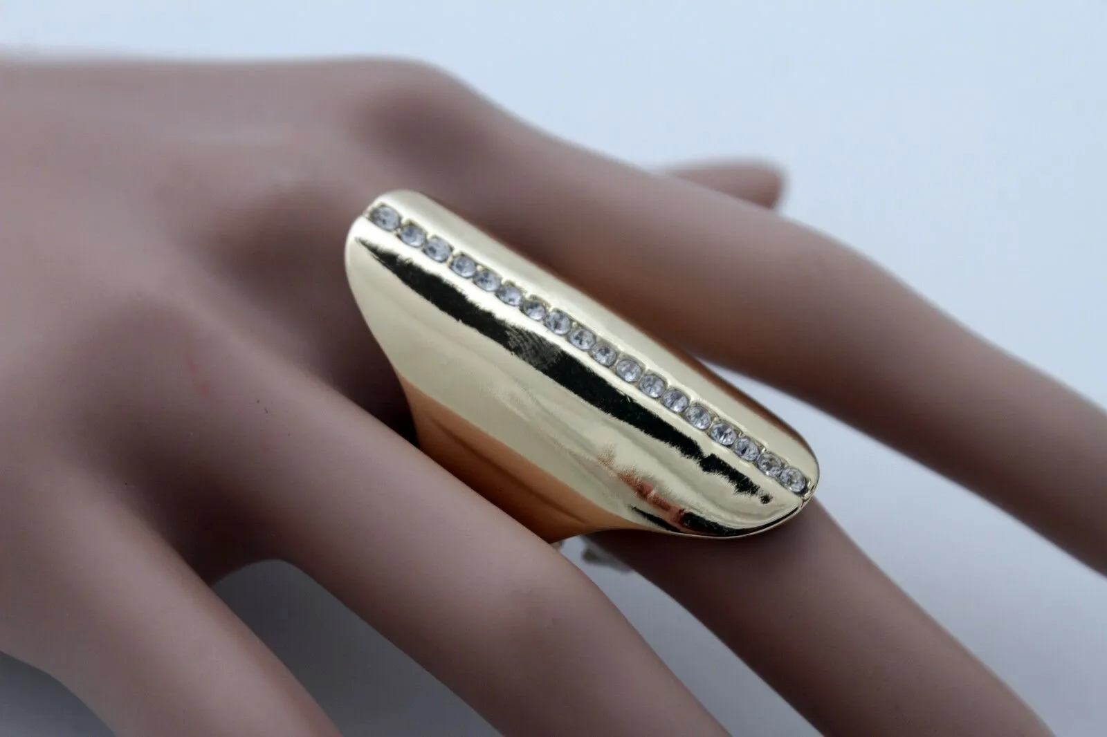 Gold Metal Long Ring Fashion Elastic Band One Size Silver Bling Look Fancy