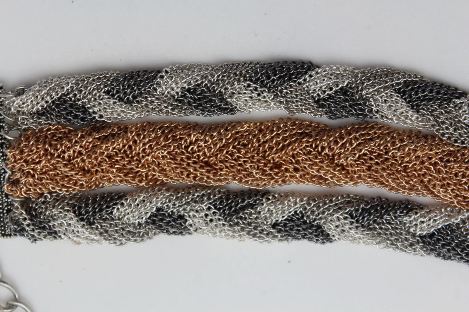 Gold Silver Braided Metal Chain Bracelet 3 Tone Rows Womwn Accessories