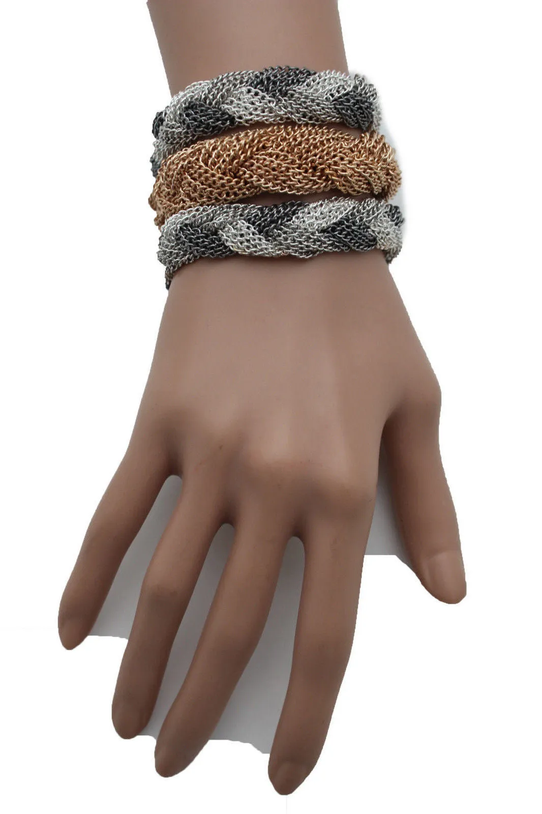 Gold Silver Braided Metal Chain Bracelet 3 Tone Rows Womwn Accessories