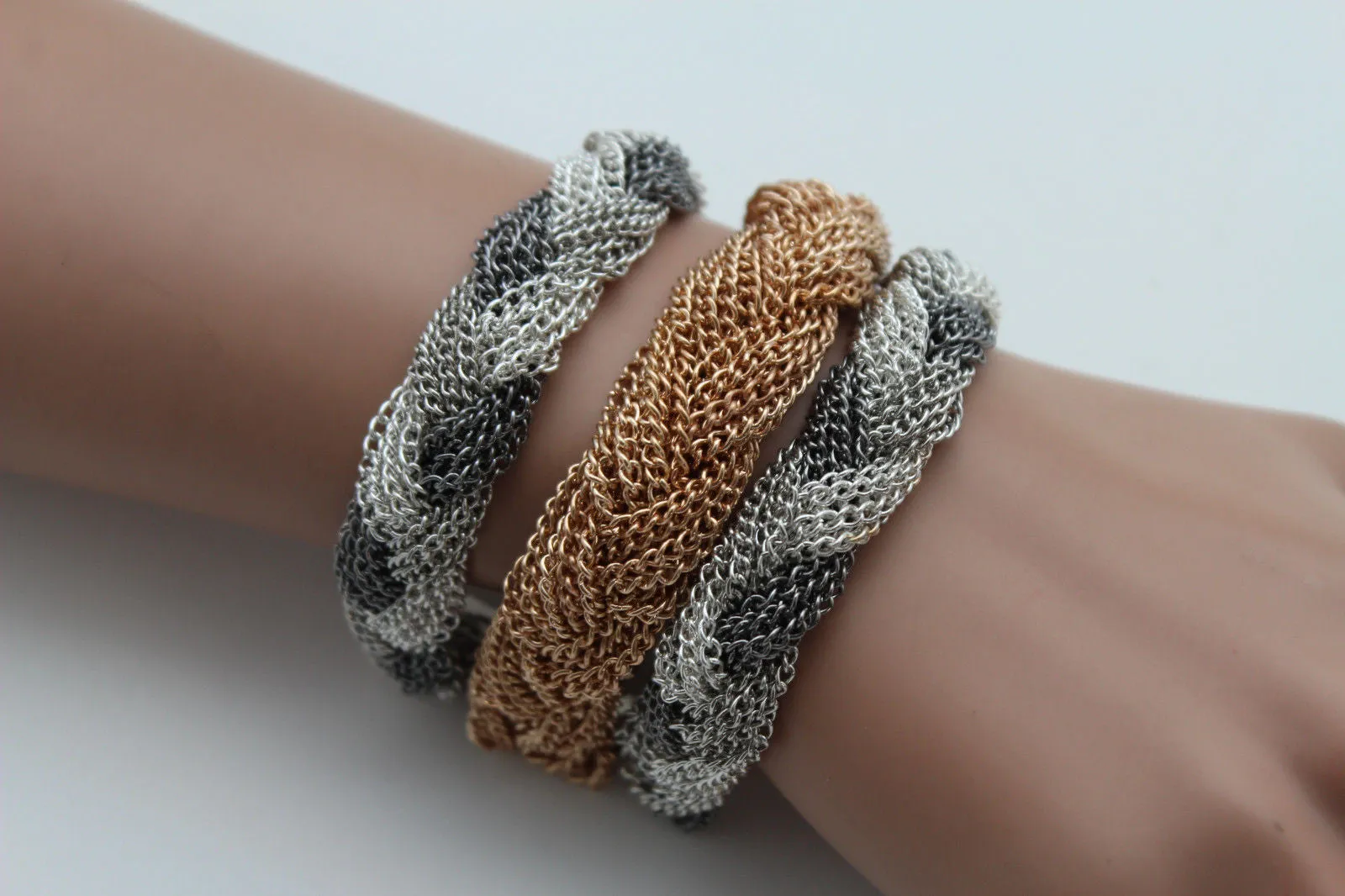 Gold Silver Braided Metal Chain Bracelet 3 Tone Rows Womwn Accessories