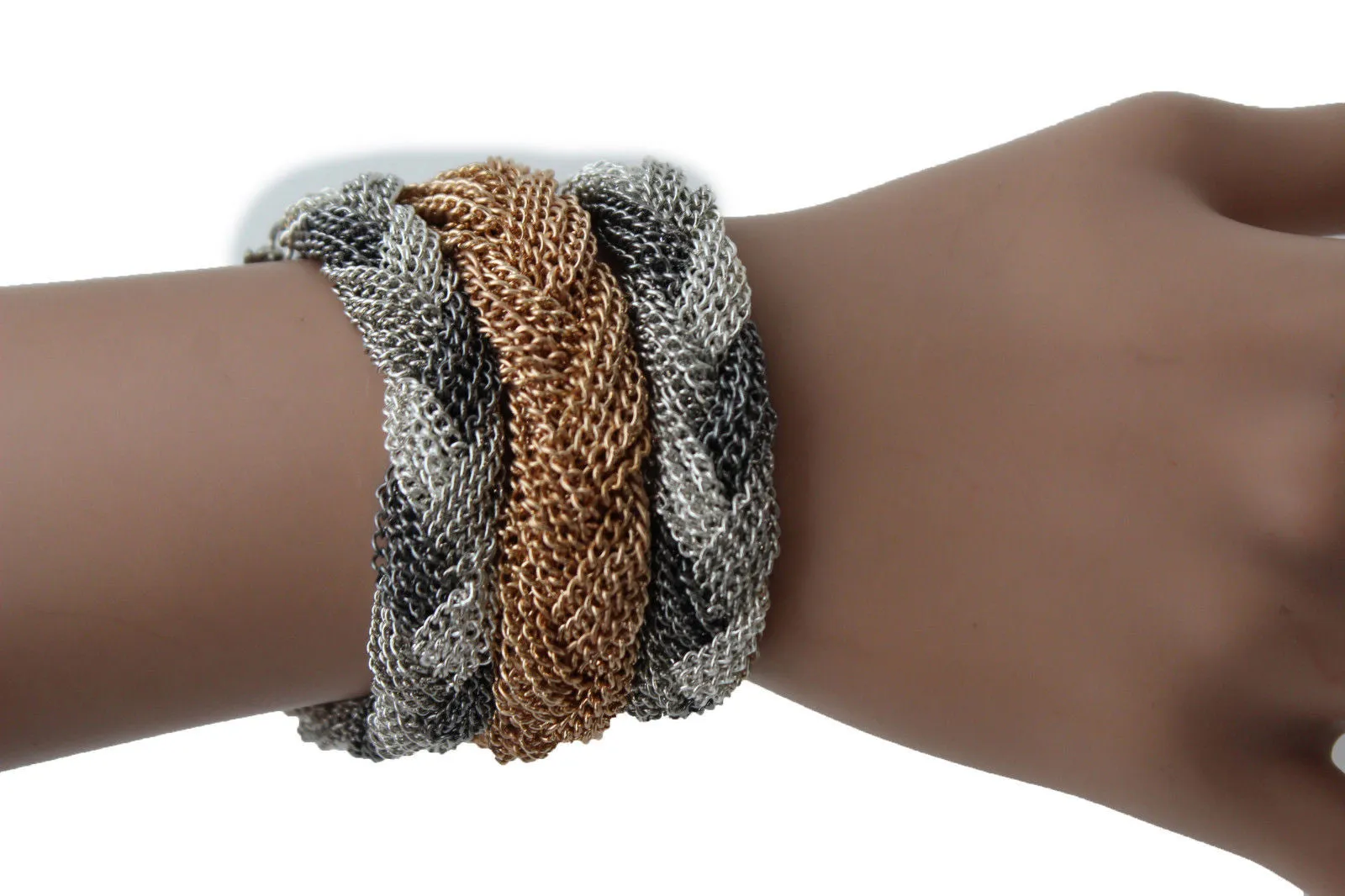 Gold Silver Braided Metal Chain Bracelet 3 Tone Rows Womwn Accessories