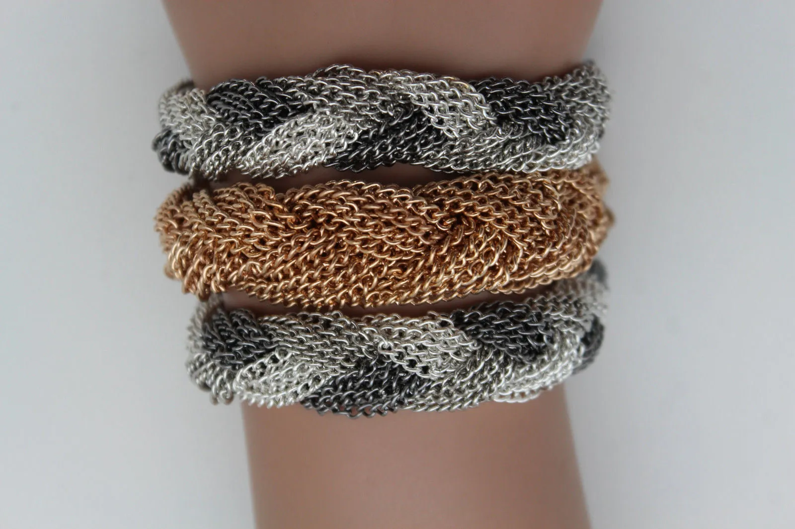 Gold Silver Braided Metal Chain Bracelet 3 Tone Rows Womwn Accessories