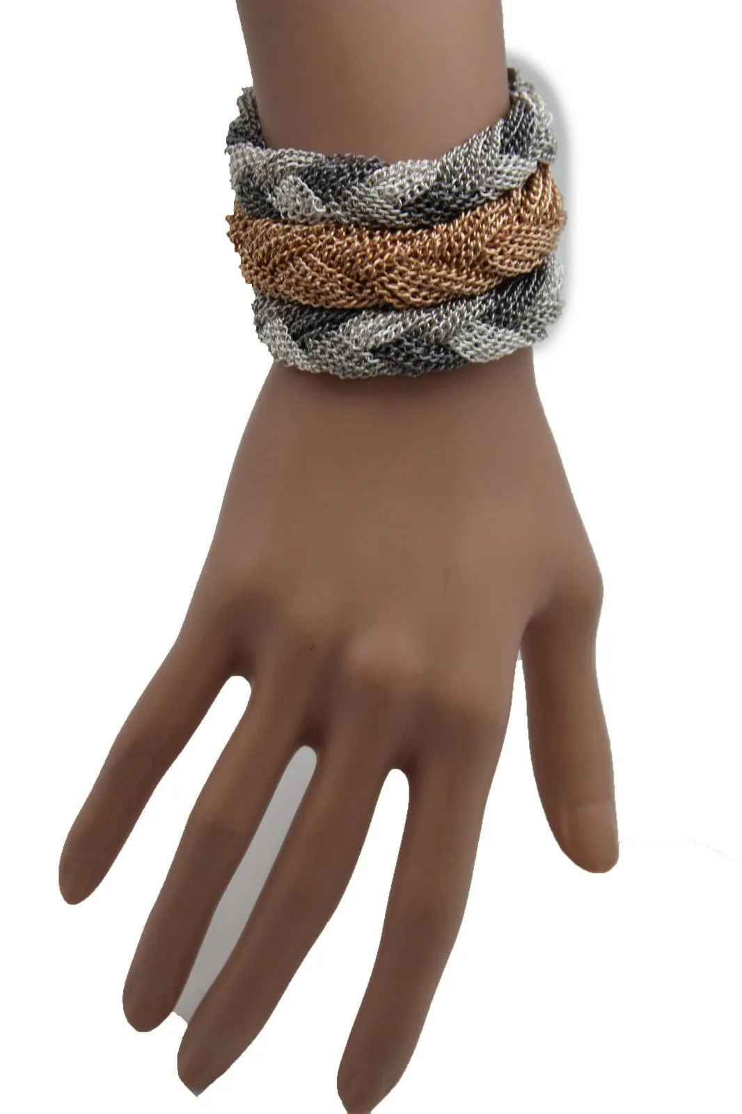 Gold Silver Braided Metal Chain Bracelet 3 Tone Rows Womwn Accessories