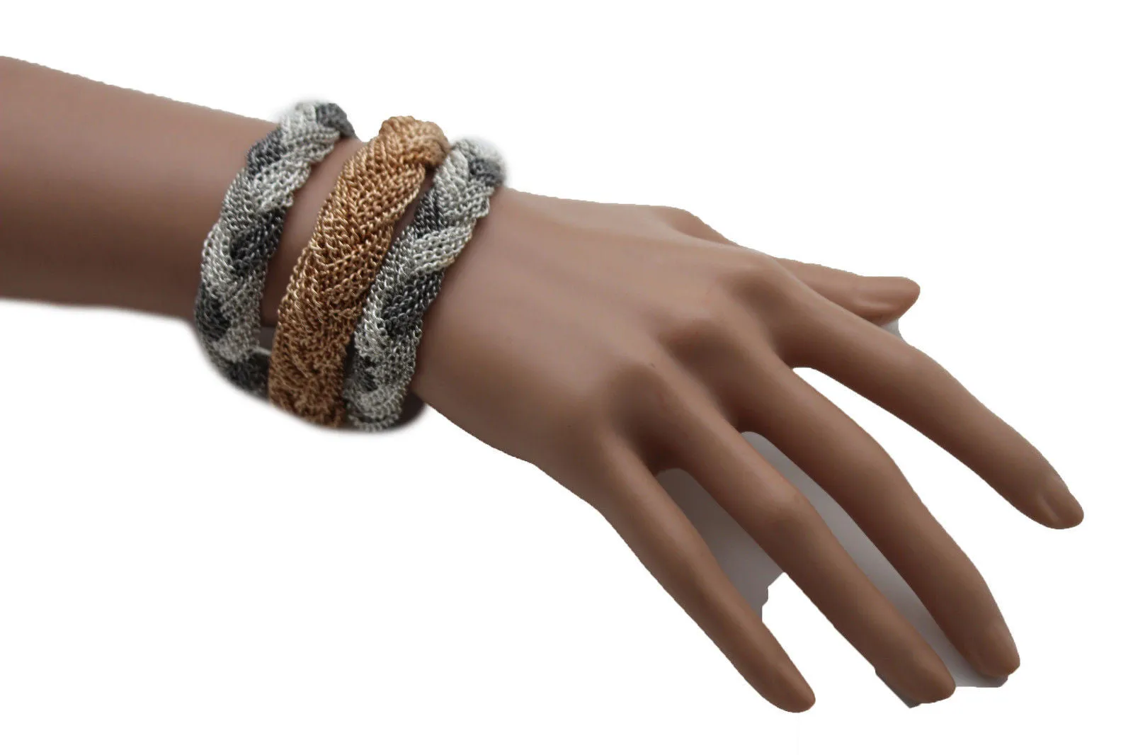 Gold Silver Braided Metal Chain Bracelet 3 Tone Rows Womwn Accessories