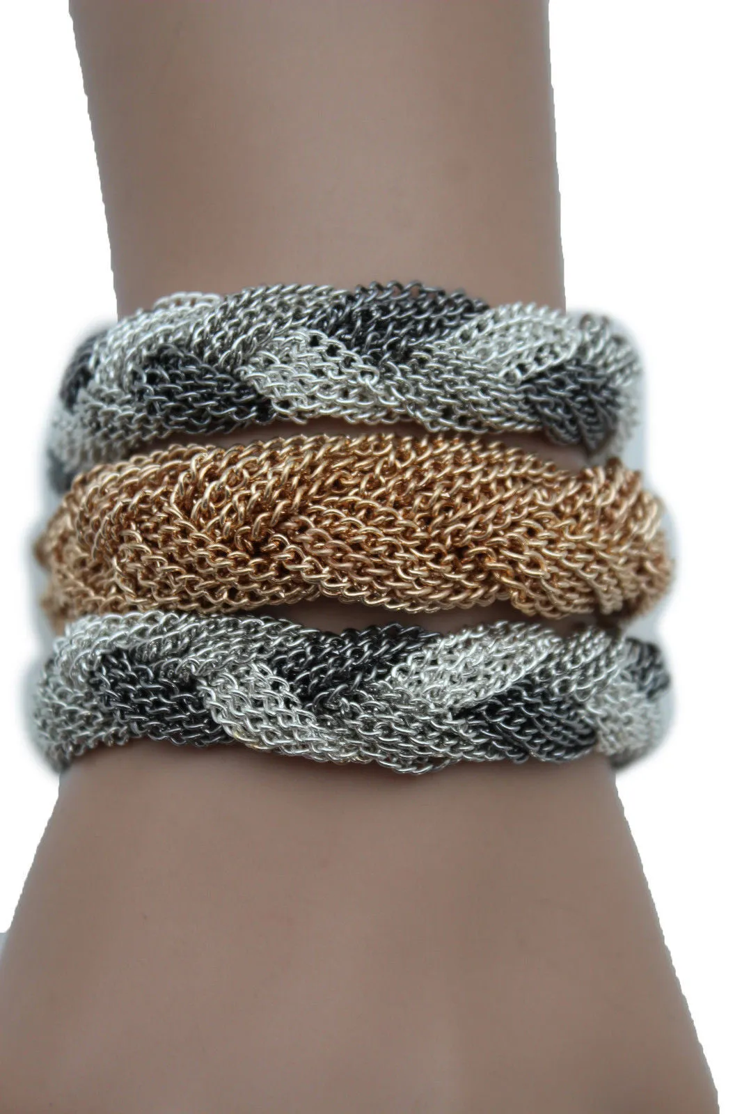 Gold Silver Braided Metal Chain Bracelet 3 Tone Rows Womwn Accessories