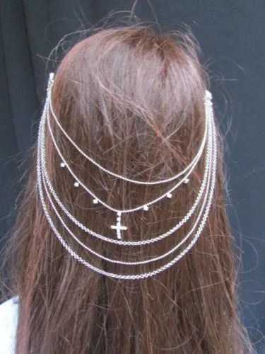 Gold Silver Metal Long Chain Front Back Multi Cross Drapes Rhinestones Hair Pin