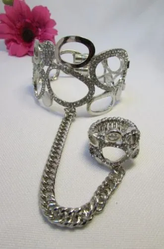 Gold Silver Wide Metal Hand Chain Cuff Bracelet Rain Drops Oval Multi Rhinestones