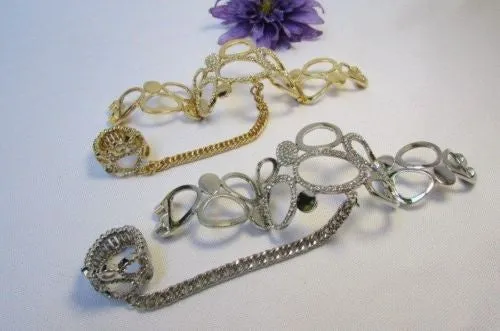 Gold Silver Wide Metal Hand Chain Cuff Bracelet Rain Drops Oval Multi Rhinestones