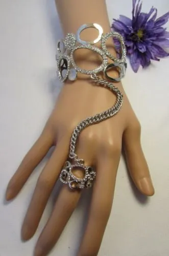 Gold Silver Wide Metal Hand Chain Cuff Bracelet Rain Drops Oval Multi Rhinestones