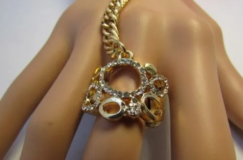 Gold Silver Wide Metal Hand Chain Cuff Bracelet Rain Drops Oval Multi Rhinestones