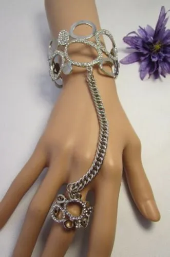 Gold Silver Wide Metal Hand Chain Cuff Bracelet Rain Drops Oval Multi Rhinestones