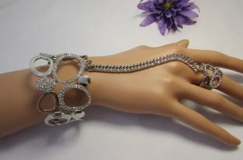 Gold Silver Wide Metal Hand Chain Cuff Bracelet Rain Drops Oval Multi Rhinestones