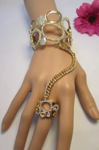 Gold Silver Wide Metal Hand Chain Cuff Bracelet Rain Drops Oval Multi Rhinestones