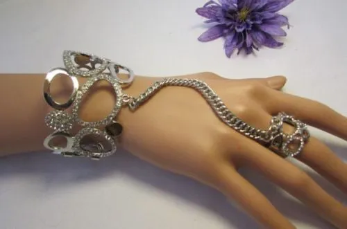 Gold Silver Wide Metal Hand Chain Cuff Bracelet Rain Drops Oval Multi Rhinestones
