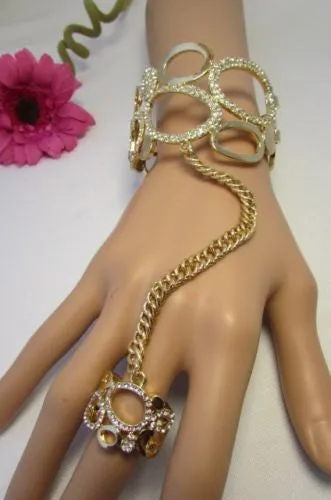 Gold Silver Wide Metal Hand Chain Cuff Bracelet Rain Drops Oval Multi Rhinestones