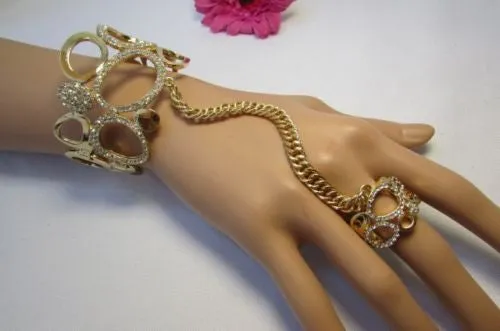 Gold Silver Wide Metal Hand Chain Cuff Bracelet Rain Drops Oval Multi Rhinestones