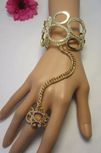Gold Silver Wide Metal Hand Chain Cuff Bracelet Rain Drops Oval Multi Rhinestones