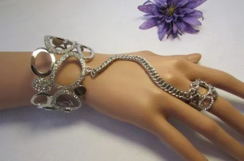 Gold Silver Wide Metal Hand Chain Cuff Bracelet Rain Drops Oval Multi Rhinestones