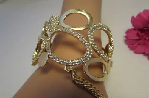Gold Silver Wide Metal Hand Chain Cuff Bracelet Rain Drops Oval Multi Rhinestones
