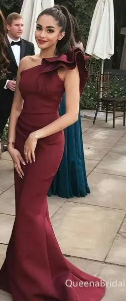 Gorgeous Elegant Burgundy One Shoulder Mermaid Evening Gown Maxi Long Formal Dresses Prom Dresses with Ruffles ,WGP905