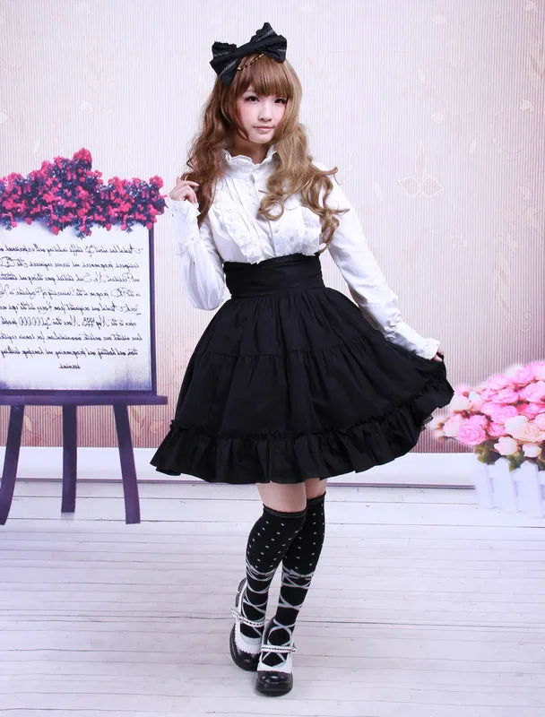 Gothic Lolita Dress SK Black High Waist Ruffles Cotton Lolita Skirt